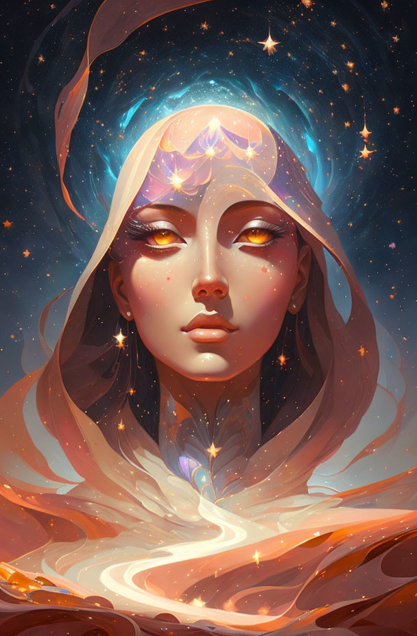 Celestial woman with stars in hair and cosmic cloak of galaxies