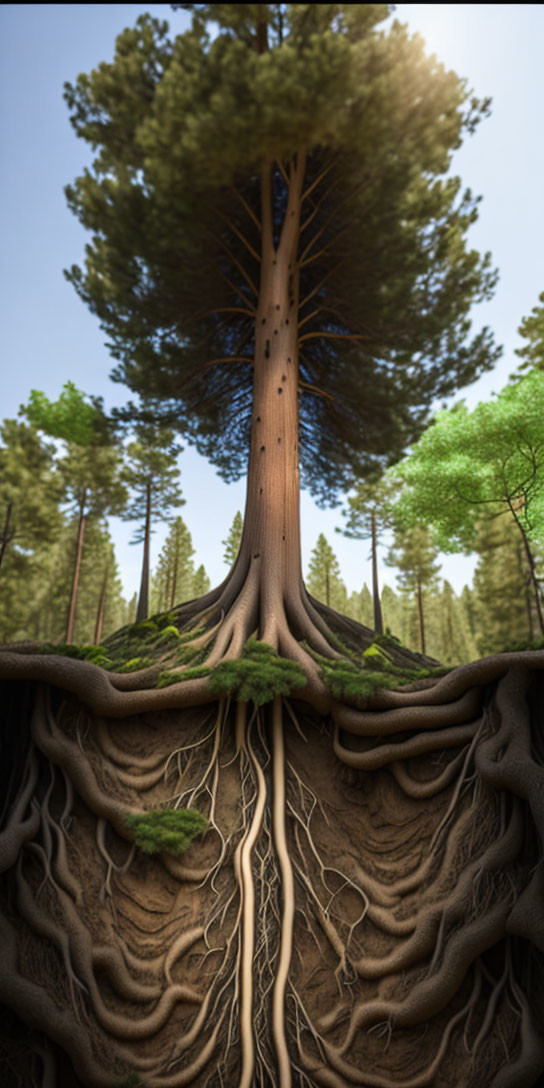 Detailed vertical cross-section of forest soil with tree trunk, roots, and underground layers.