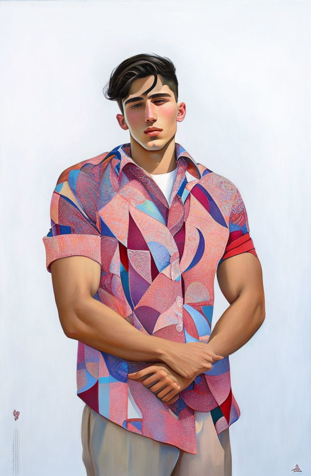 Man in Geometric Shirt Contemplating on Blue Background