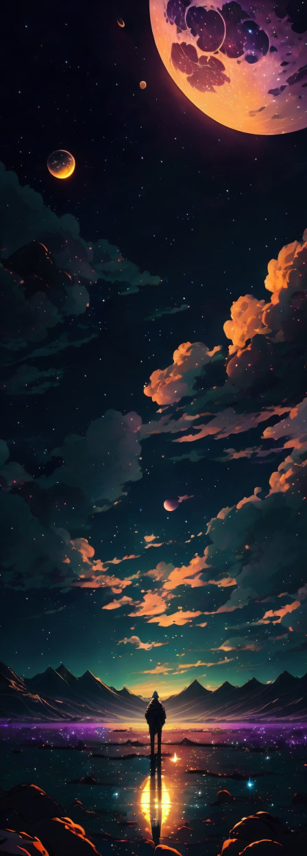 Person admires two moons and stars over serene mountains