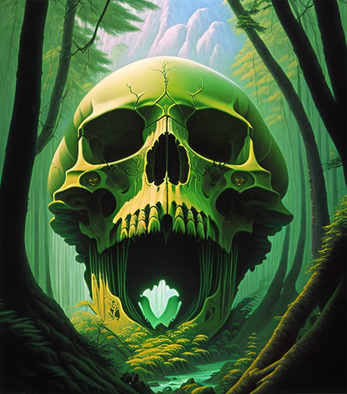 Surreal forest scene with giant skull illusion and green light