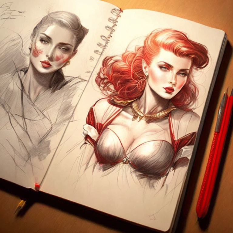 Sketchbook with two pencil drawings of women: one monochrome, the other with red accents, and