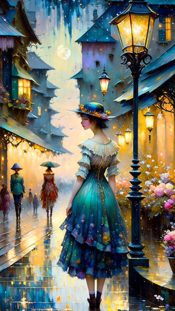 Vintage-dressed woman on vibrant, lamplit street with reflections and blooming flowers