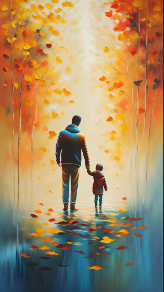 Adult and child walking on water path among autumn trees