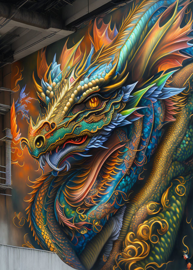 Colorful dragon mural on concrete wall: blue and orange scales, intricate designs, fierce eyes