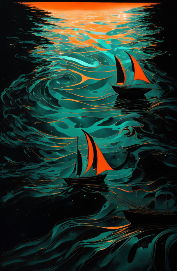 Red-sailed sailboats on swirling turquoise waves under dark sky