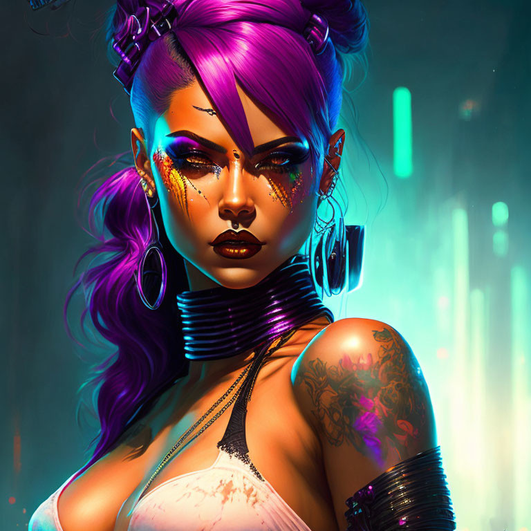 Vibrant purple hair woman with golden facial tattoos in futuristic setting