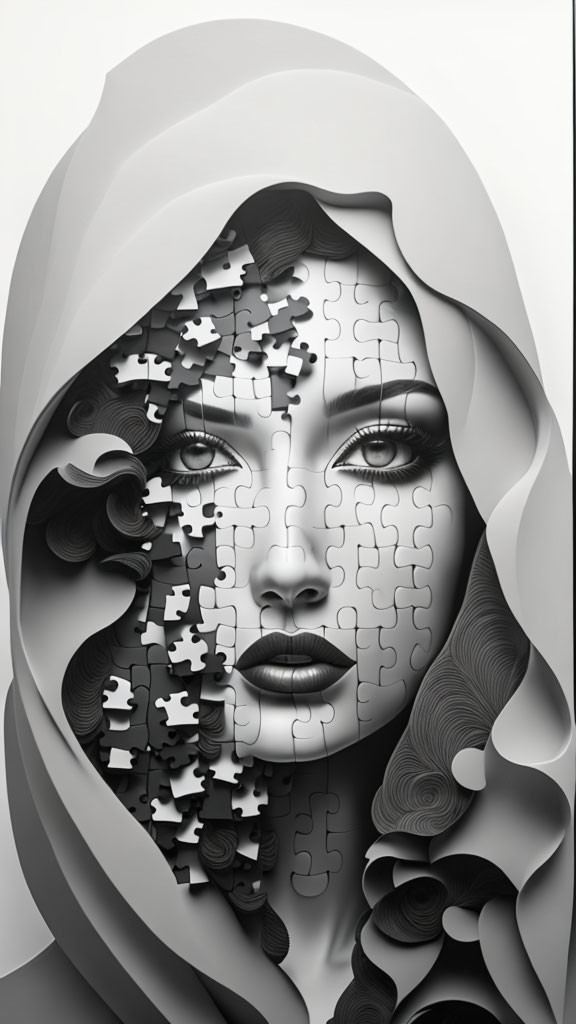 Monochrome puzzle piece woman's face with flowing hair and draped veil