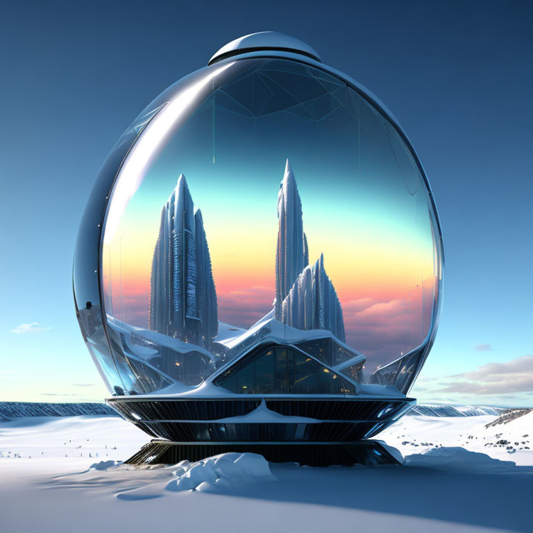 Glass Dome Skyscrapers in Snowy Landscape at Sunrise/Sunset