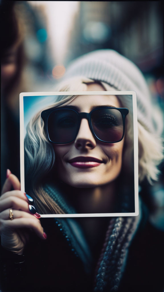 Woman aligns her eyes and smile with sunglasses and lips in photo.