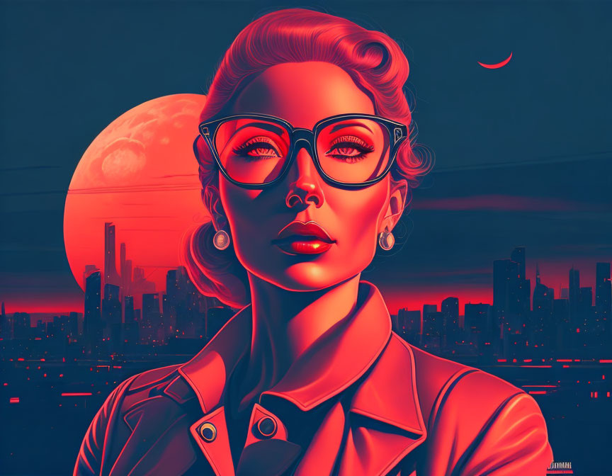 Retro-futuristic woman with glasses in cityscape under red sky