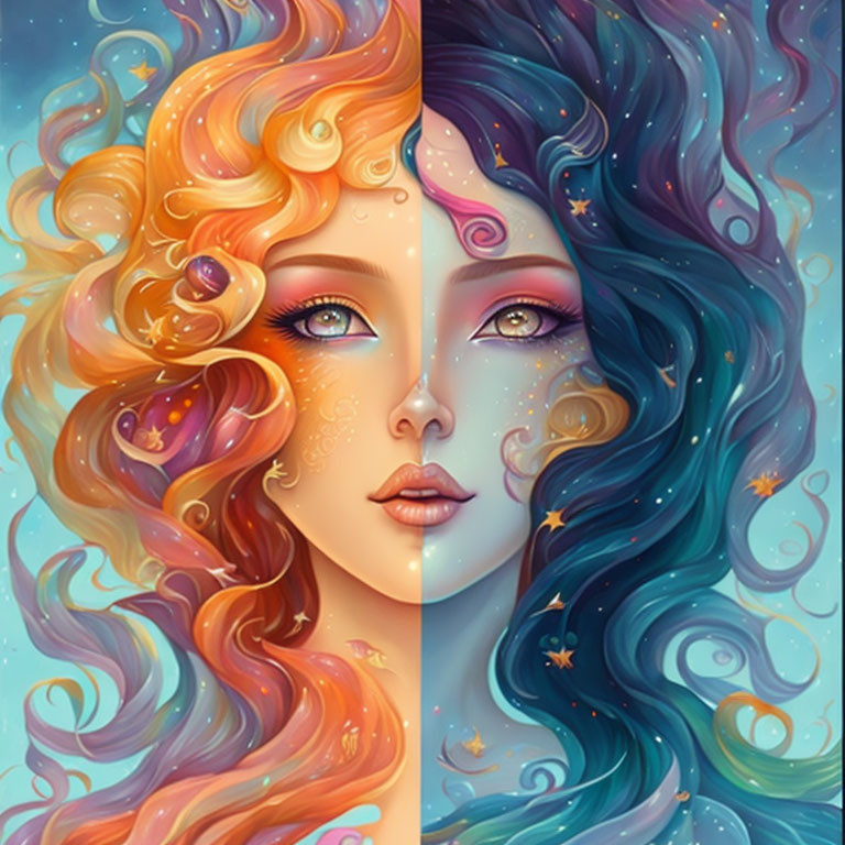 Dual profile portraits with starry, colorful hair on cosmic backdrop.