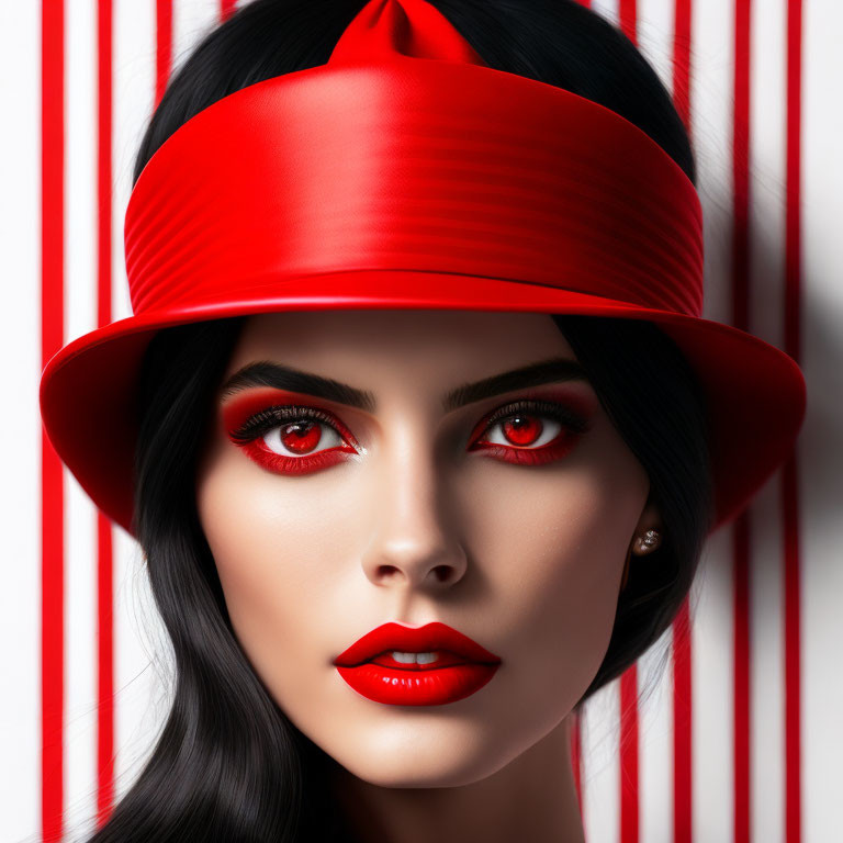 Vibrant close-up portrait of woman with red eyes and lipstick, red hat, against striped background