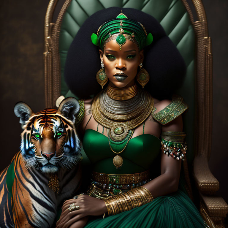 Regal woman with gold jewelry seated beside majestic tiger