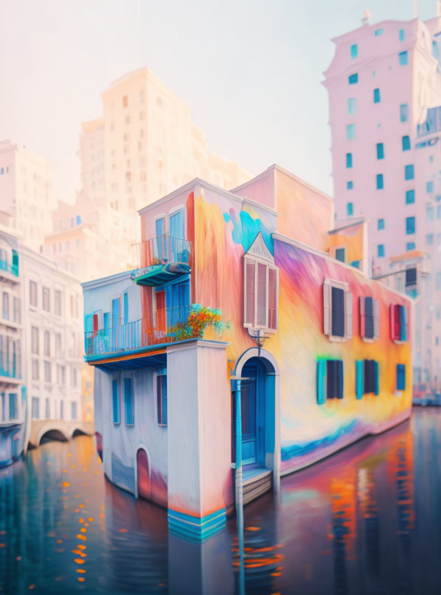 Colorful Rainbow-Painted Building Reflecting in Canal