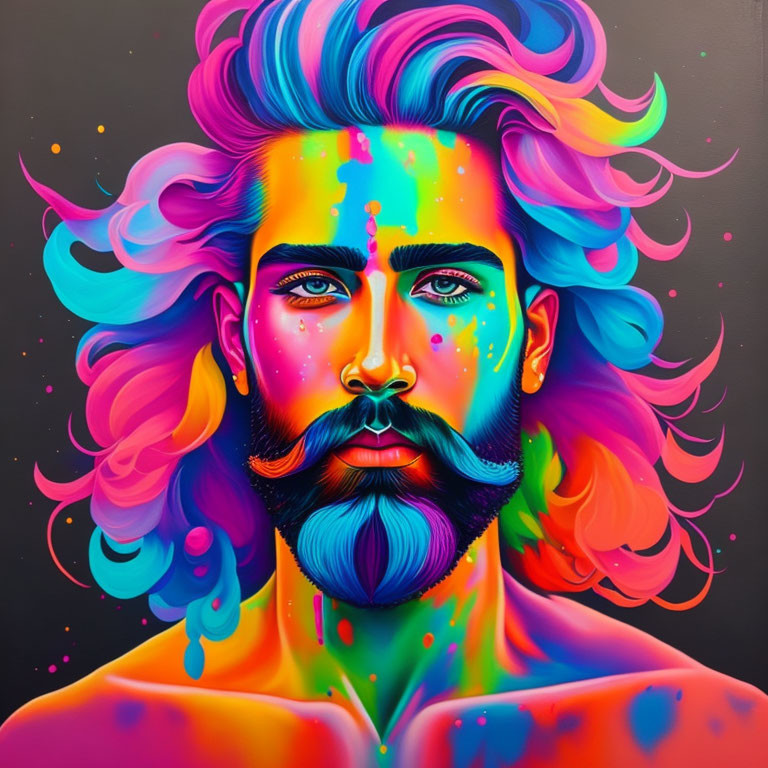 Colorful portrait of a bearded man with neon hair on dark backdrop