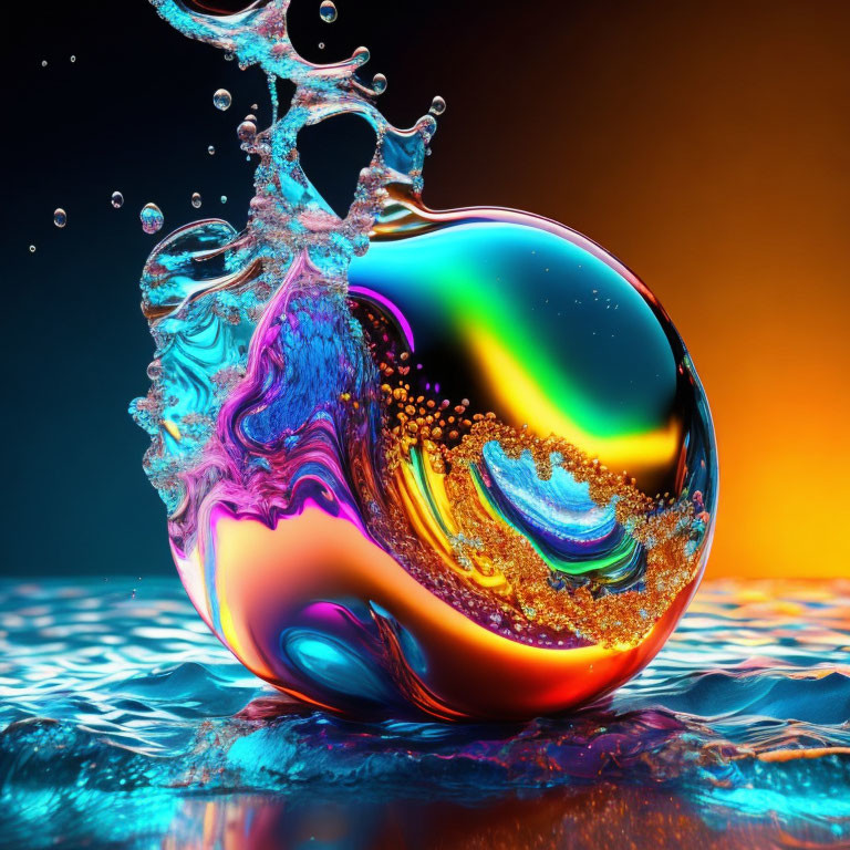 Iridescent liquid-like object submerged in water with dynamic splashes