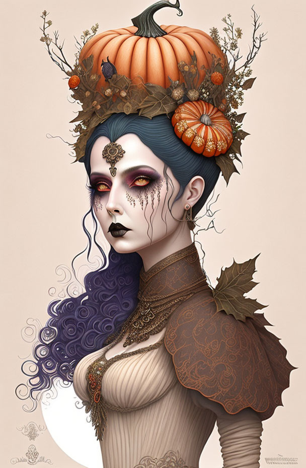 Illustrated female figure in autumn attire with pumpkin crown and leaf details