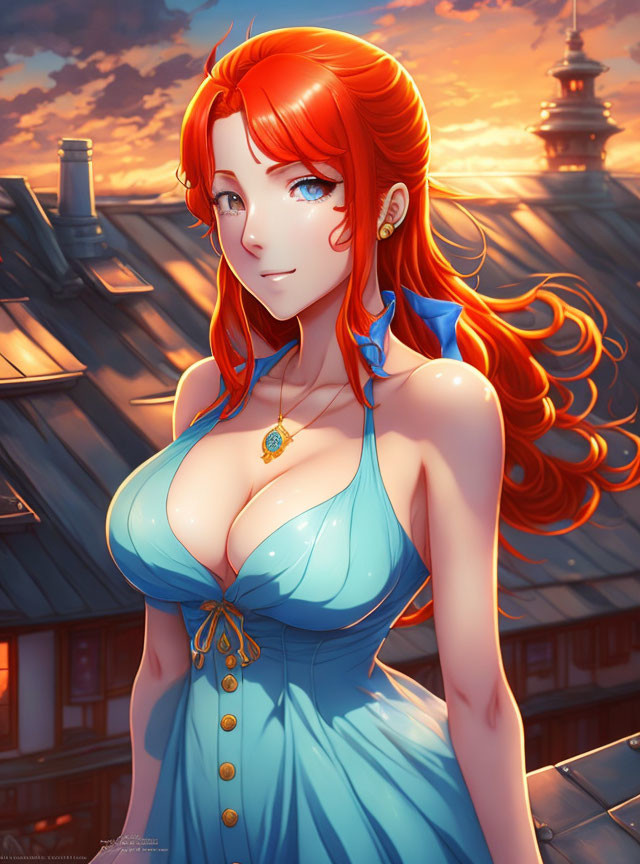 Red-Haired Animated Woman in Blue Dress with Sunset Backdrop