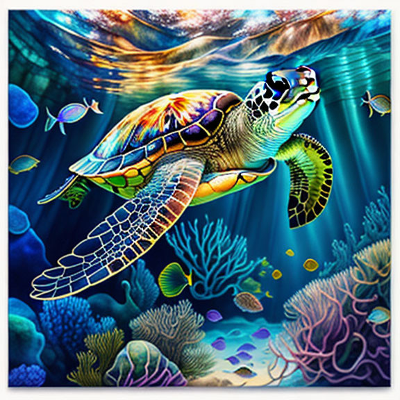 Colorful underwater scene with sea turtle, fish, coral reefs, and light rays.