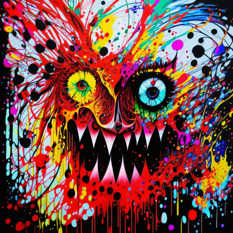 Colorful Abstract Painting of Fierce Creature with Dual-Colored Eyes