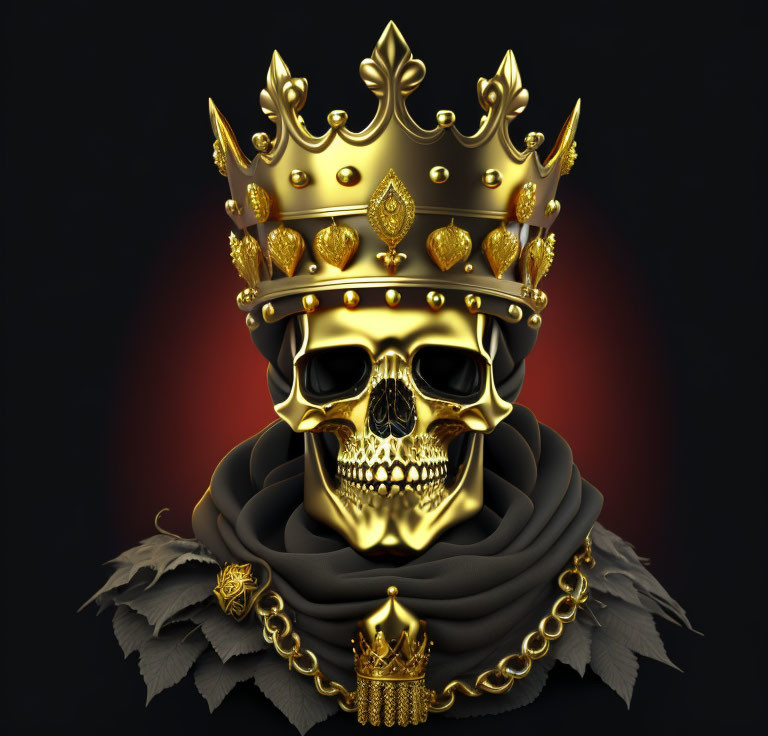 Golden skull with crown and gems on dark red backdrop with leaves