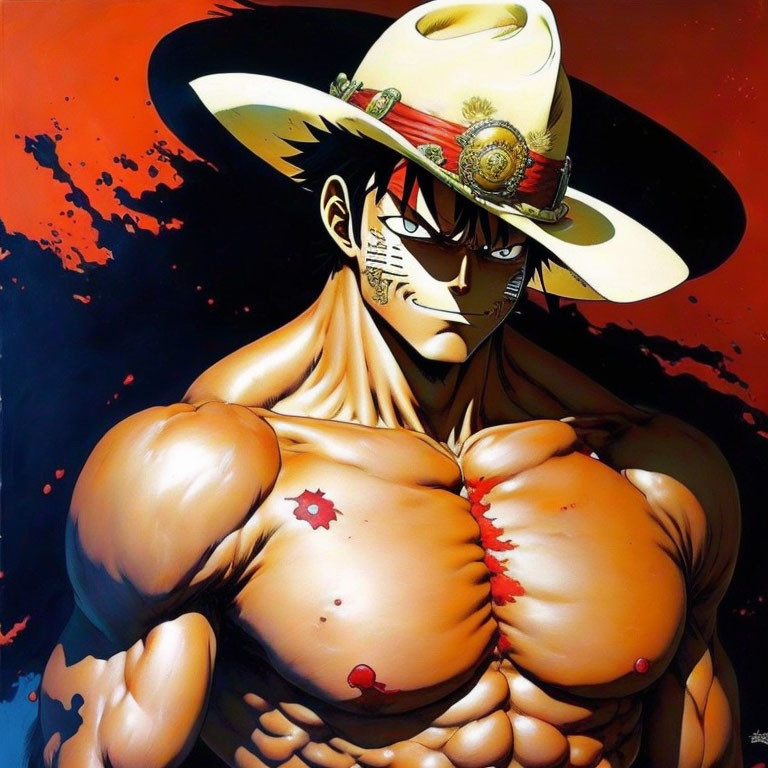 Muscular anime character with scar, white-brimmed hat, and serious expression