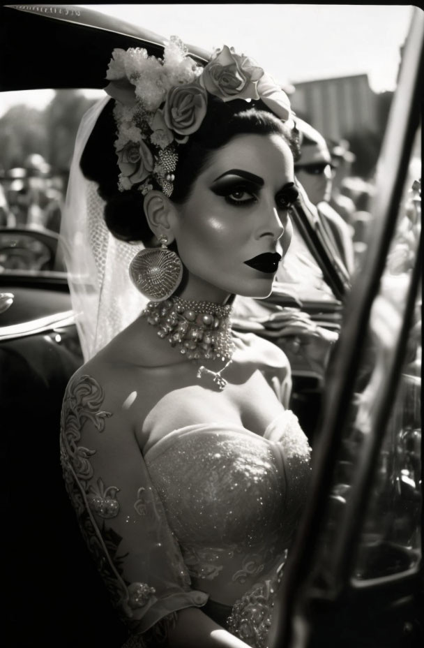 Vintage Bride in Classic Car with Sparkling Dress & Dark Lipstick