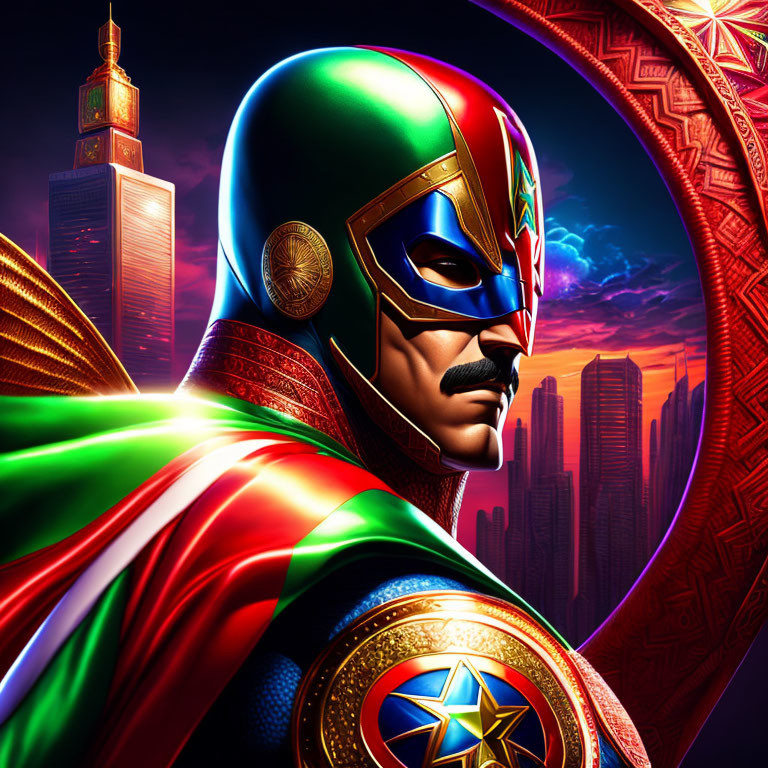 Colorful Masked Superhero Illustration Against Skyline Backdrop