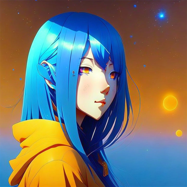 Character with Blue Hair & Elf-like Ears in Yellow Hoodie on Twilight Background