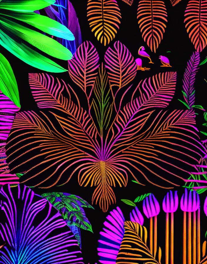 Vibrant neon tropical leaves with birds on black background