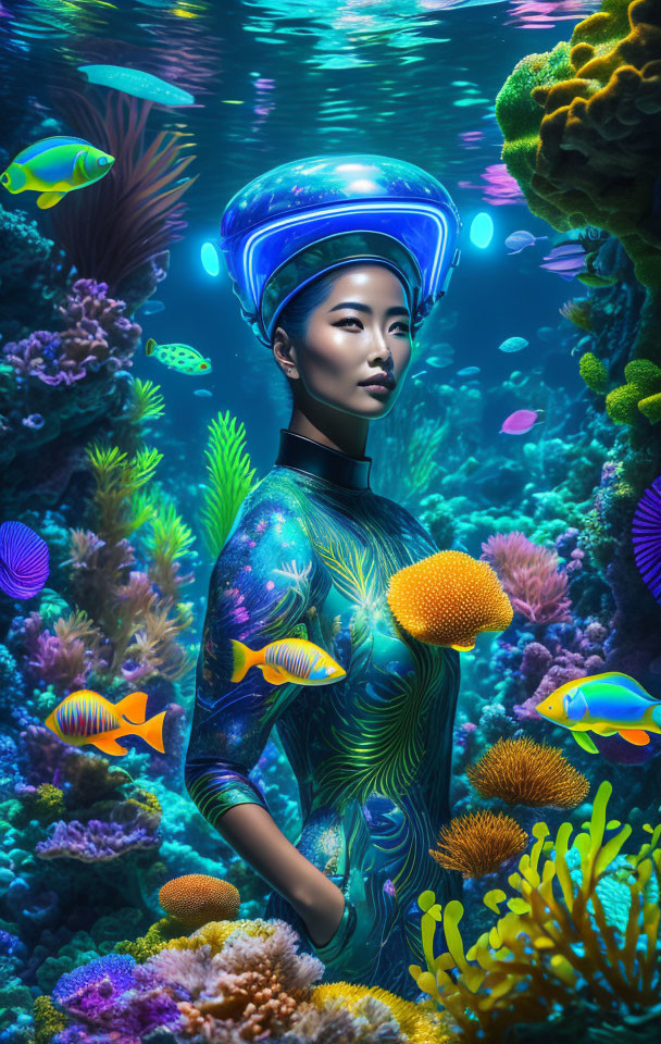 Woman in intricate helmet and patterned suit surrounded by vibrant coral and tropical fish underwater