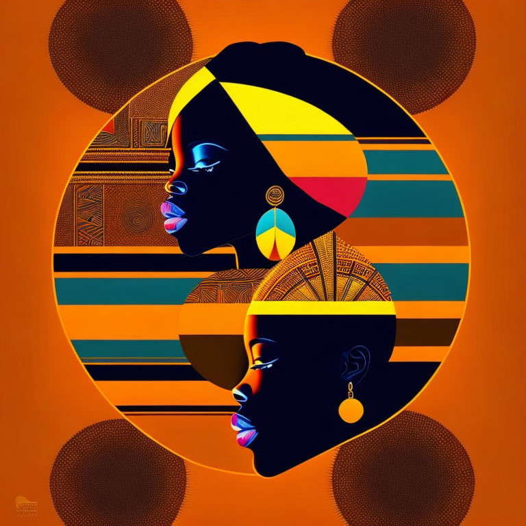 Stylized African women profiles with vibrant colors and geometric patterns on orange background