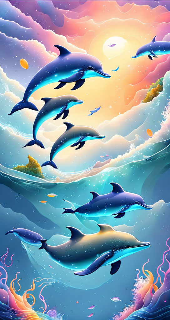 Colorful Dolphin Artwork with Sunset Sky and Ocean Scene