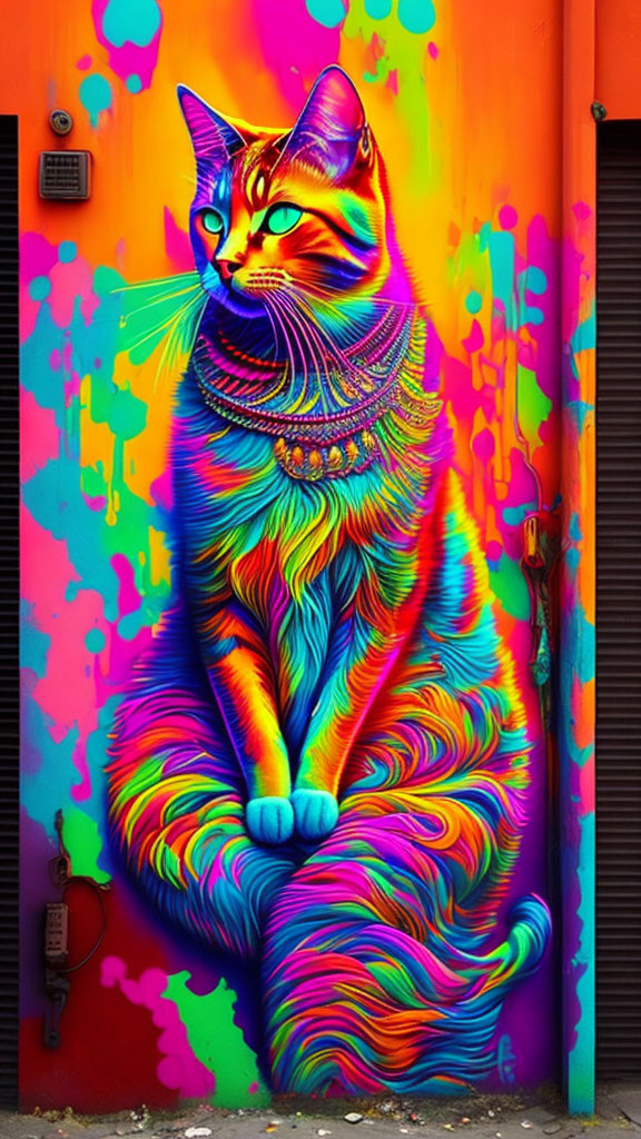 Colorful Psychedelic Cat Street Art by Bright Orange Door