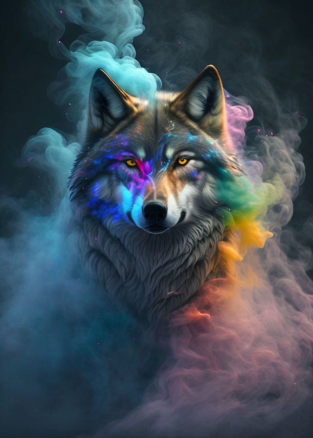 Vivid Multicolored Smoke Swirling Around Mystical Wolf