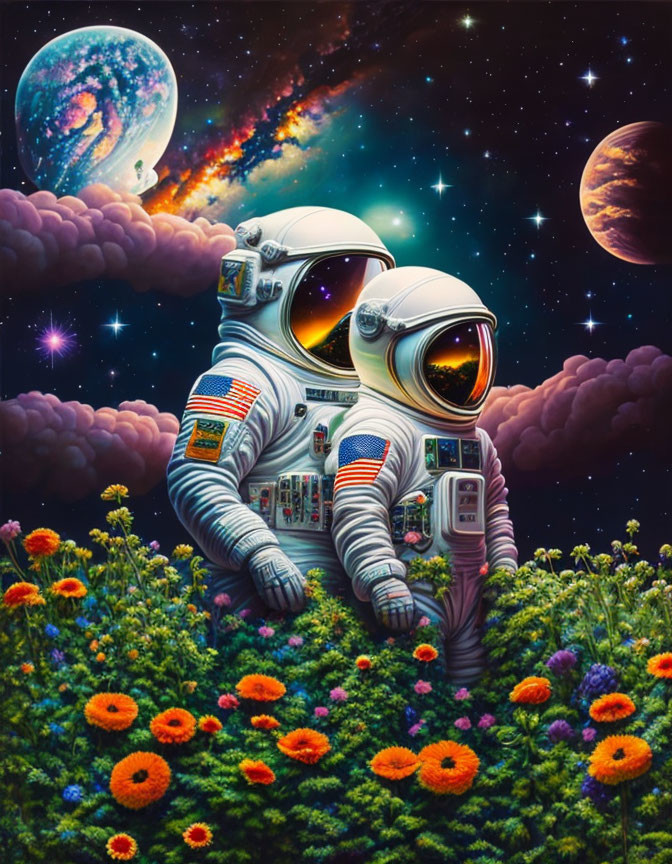 Astronauts Embracing in Vibrant Flower Field with Space Backdrop