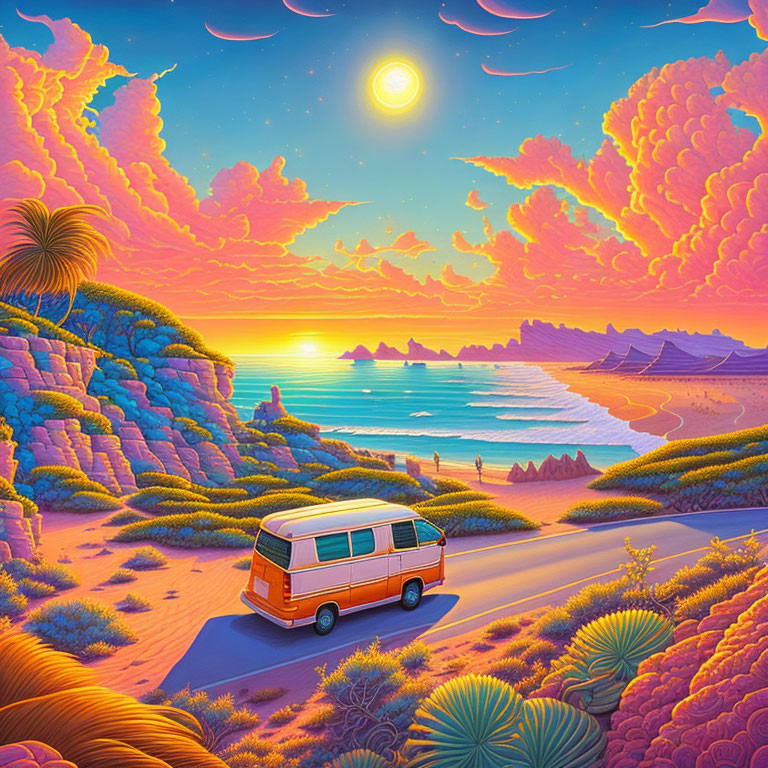 Colorful sunset beach illustration with orange van, palm trees, and pink clouds.