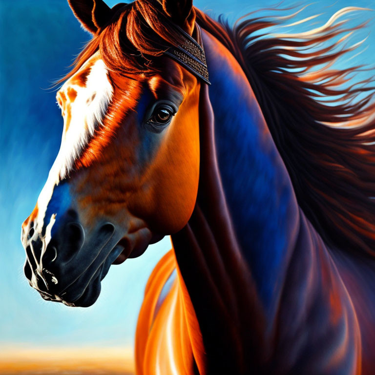 Majestic chestnut horse painting against blue sky