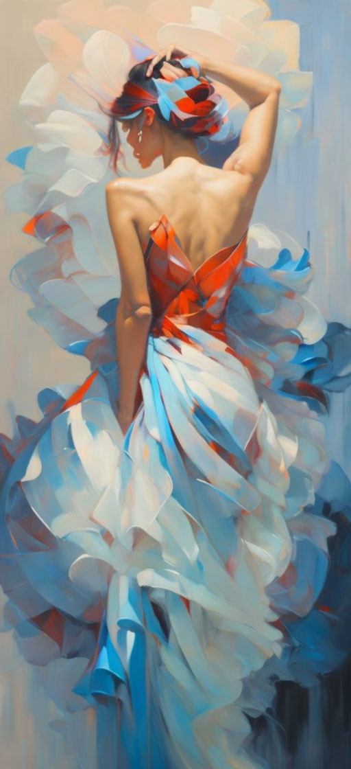 Impressionistic painting of woman in red and blue dress