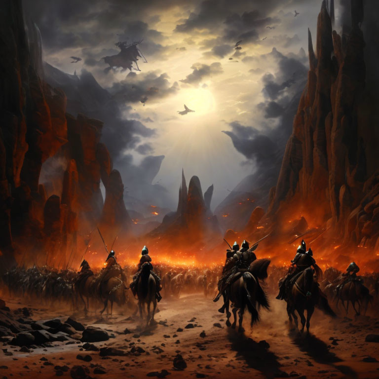 Group of riders on horseback in fiery dystopian landscape with eruptive terrain and flying ships.