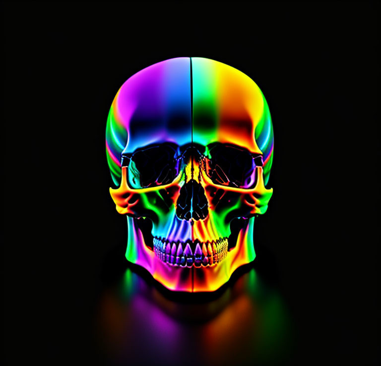 Colorful Neon Rainbow Skull on Reflective Black Background