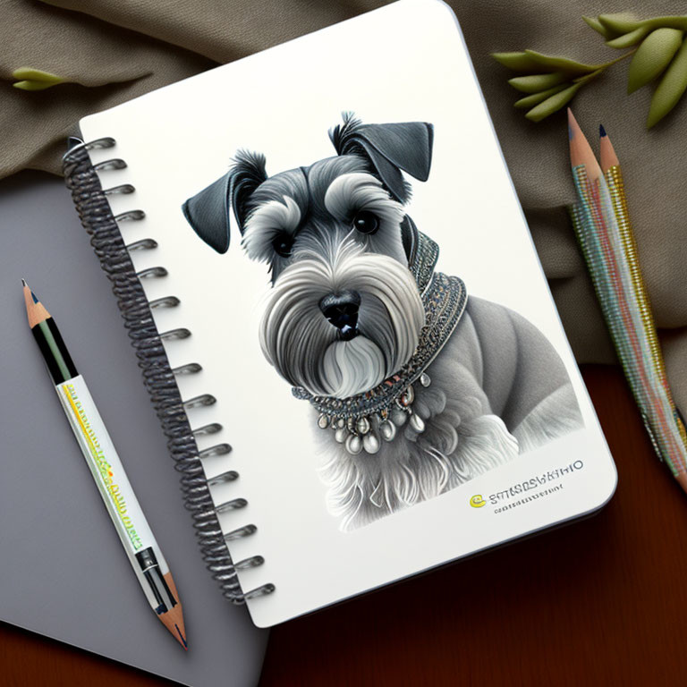 Realistic Schnauzer Dog Sketch with Beaded Necklace on Spiral Notebook