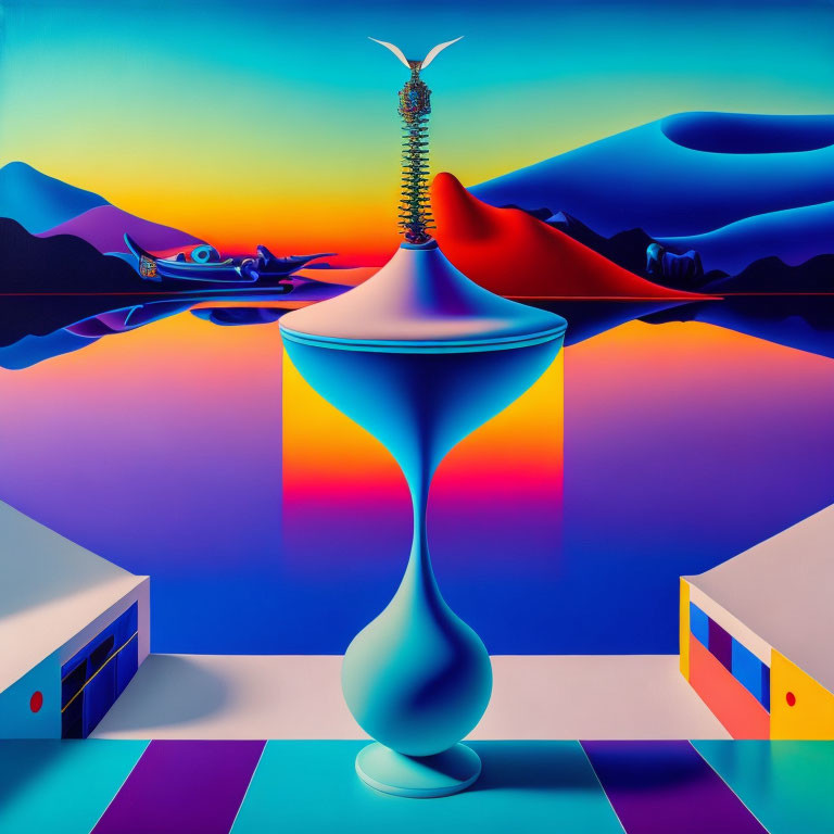 Colorful Surrealist Landscape with Hourglass Figure and Reflective Water