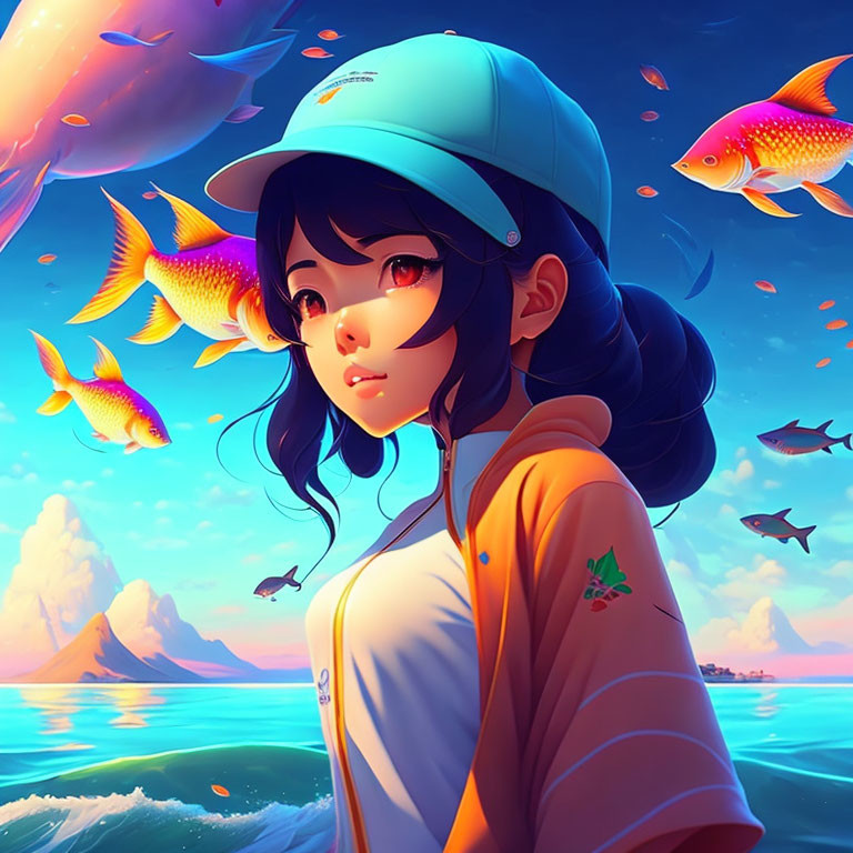 Colorful illustration: girl with large eyes, cap, fish, sunset, mountains