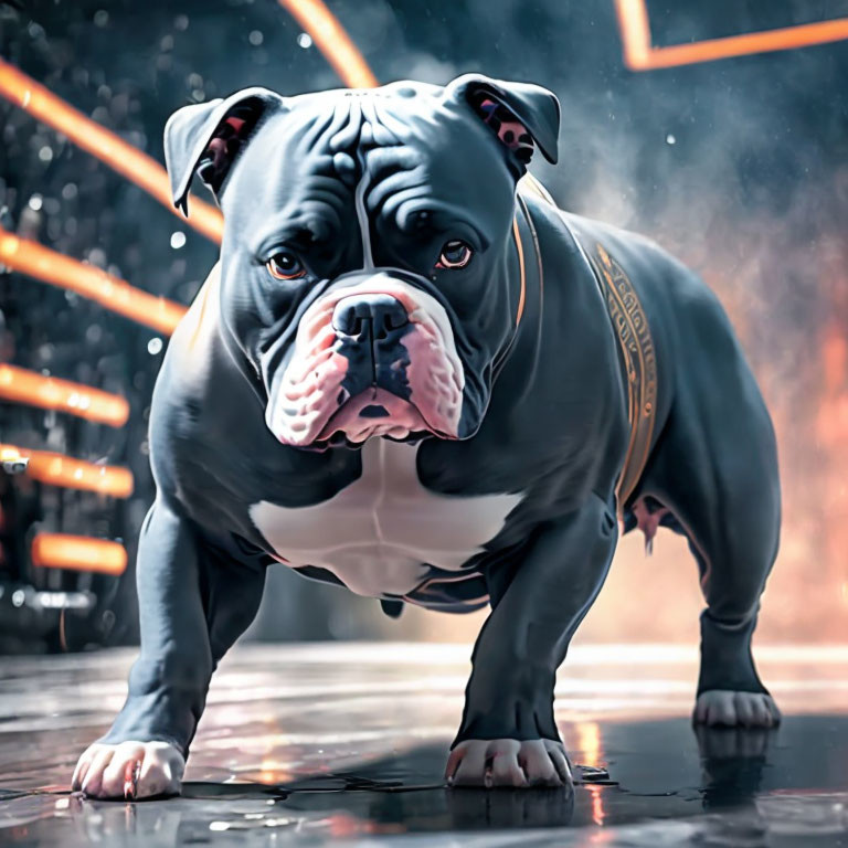 Muscular bulldog digital artwork with futuristic background