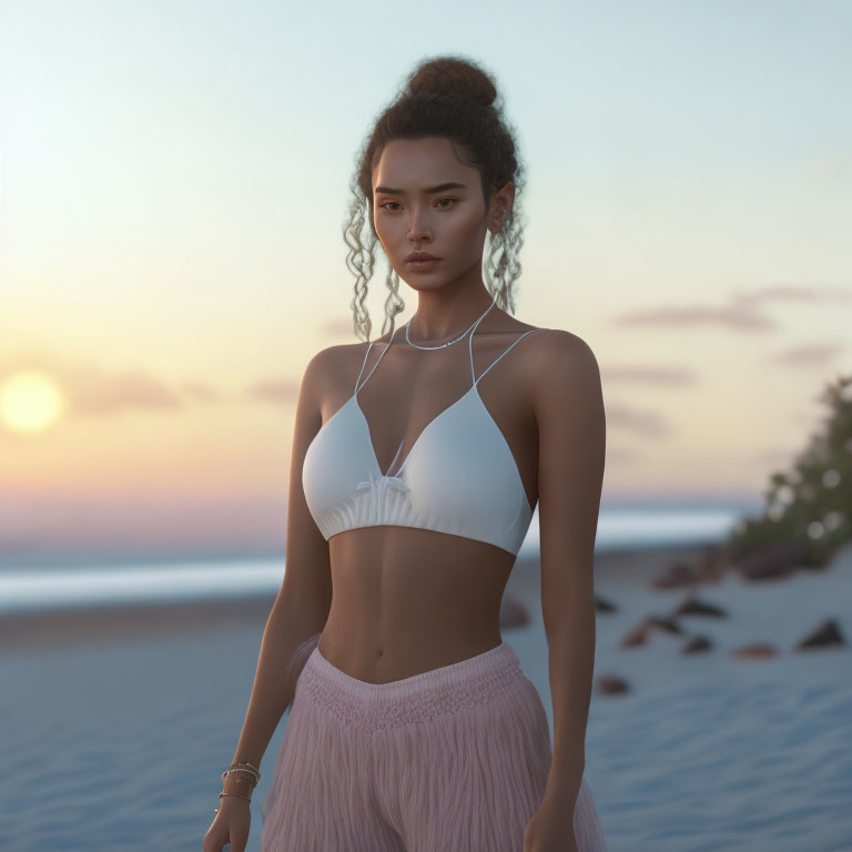 Woman in White Bikini Top and Pink Skirt on Beach at Sunset