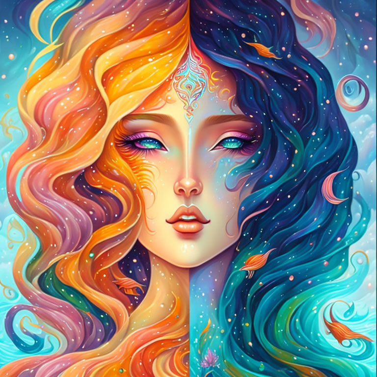 Vibrant woman illustration with orange and blue flowing hair and cosmic patterns