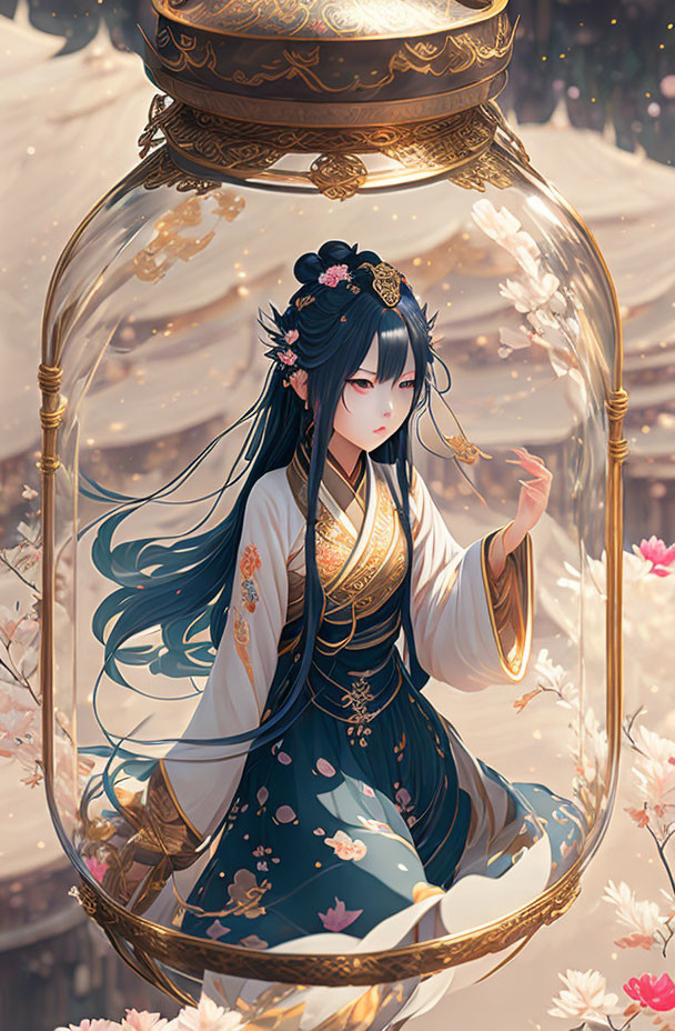 Illustrated woman in traditional attire in glass jar amid serene floral landscape