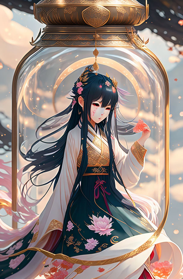 Animated girl in glass jar with black hair and pink petals.